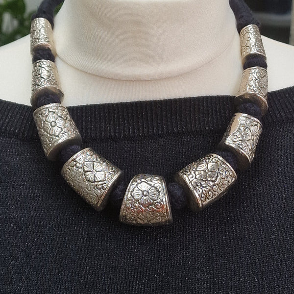 Silver Oxidised Charms Tribal Statement Necklace - Baga Ethnik Living