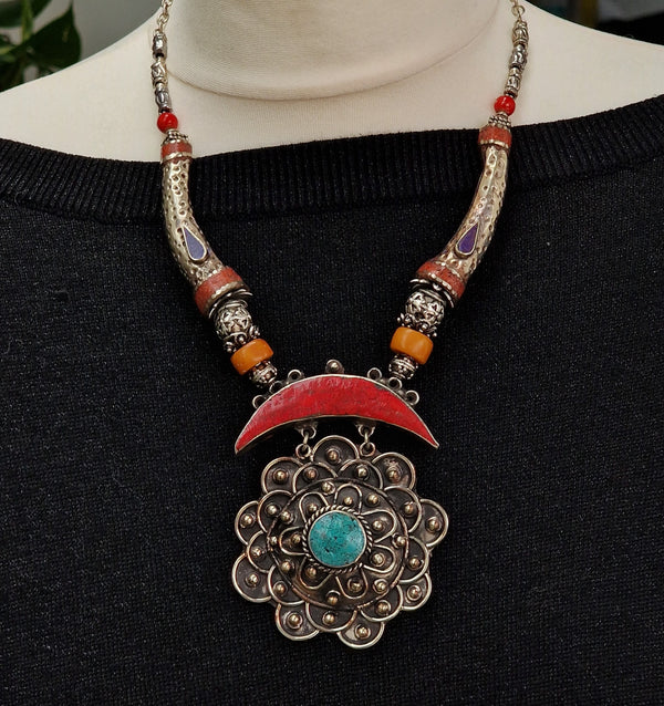 Wonderous Tibetan Multi-Stone Handcrafted Silver Necklace - Baga Ethnik Living