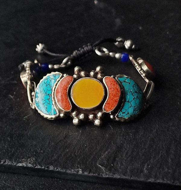 Nepali Silver Bracelet Handmade Turquoise Coral Jewelry Gift for Him - Baga Ethnik Living