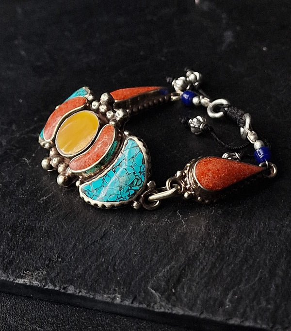 Nepali Silver Bracelet Handmade Turquoise Coral Jewelry Gift for Him - Baga Ethnik Living