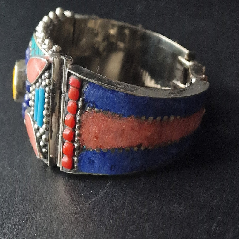 Mantra Tibetan Silver Turquoise Coral Lapis Handmade Bracelet - Baga Ethnik Living