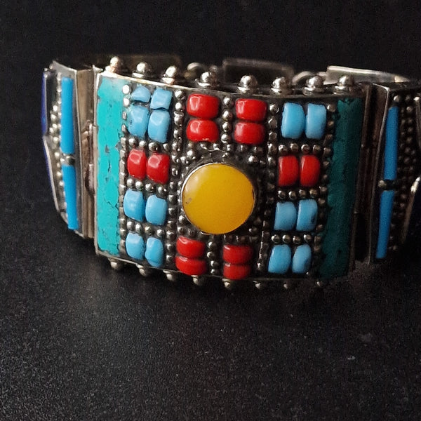 Tibetan Silver Plated Bracelet Coral, Turquoise and Amber design