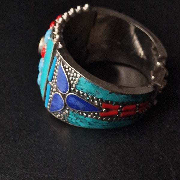 Tibetan Silver Plated Bracelet Coral, Turquoise and Amber design - Baga Ethnik Living