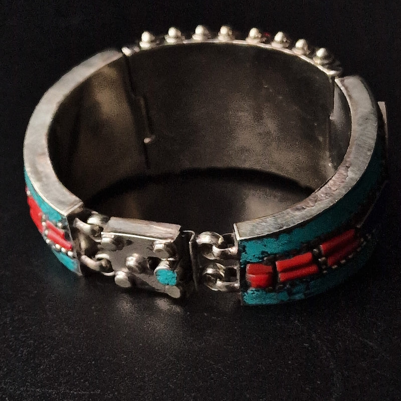 Tibetan Silver Plated Bracelet Coral, Turquoise and Amber design