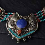 Multi-Stone Handmade Turquoise Lapis Coral Himalayan Silver Necklace - Baga Ethnik Living