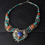 Multi-Stone Handmade Turquoise Lapis Coral Himalayan Silver Necklace - Baga Ethnik Living