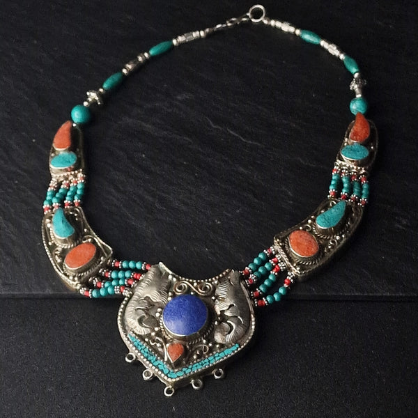 Multi-Stone Handmade Turquoise Lapis Coral Himalayan Silver Necklace - Baga Ethnik Living