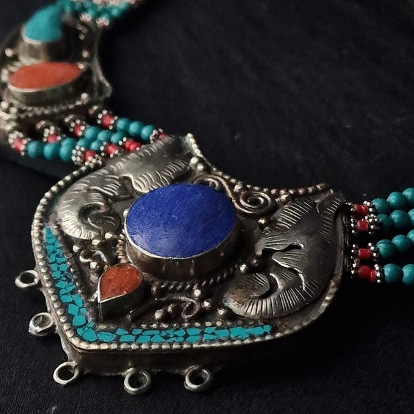 Multi-Stone Handmade Turquoise Lapis Coral Himalayan Silver Necklace - Baga Ethnik Living