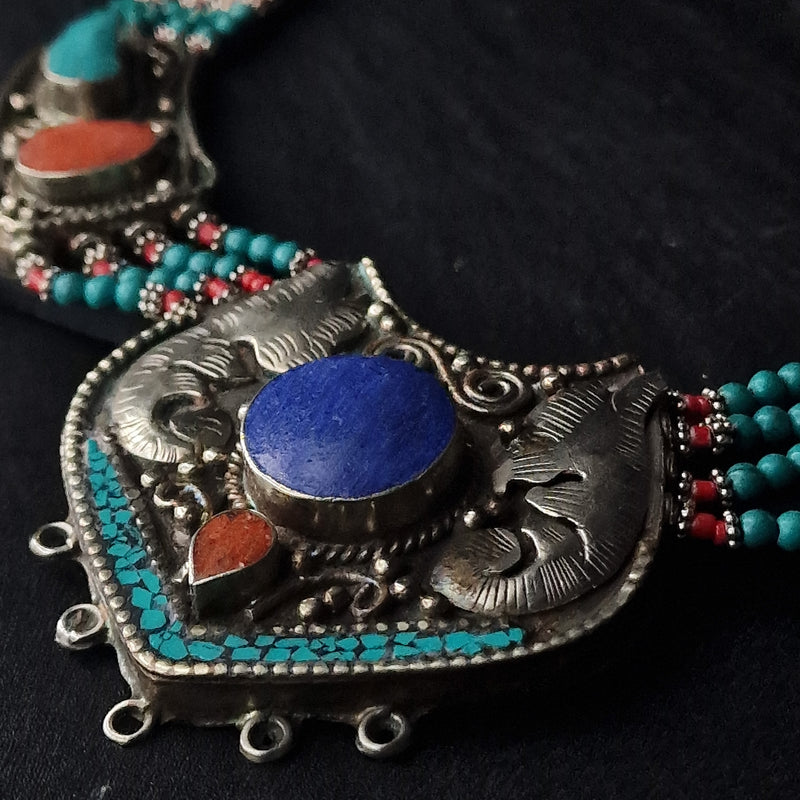 Multi-Stone Handmade Turquoise Lapis Coral Himalayan Silver Necklace - Baga Ethnik Living