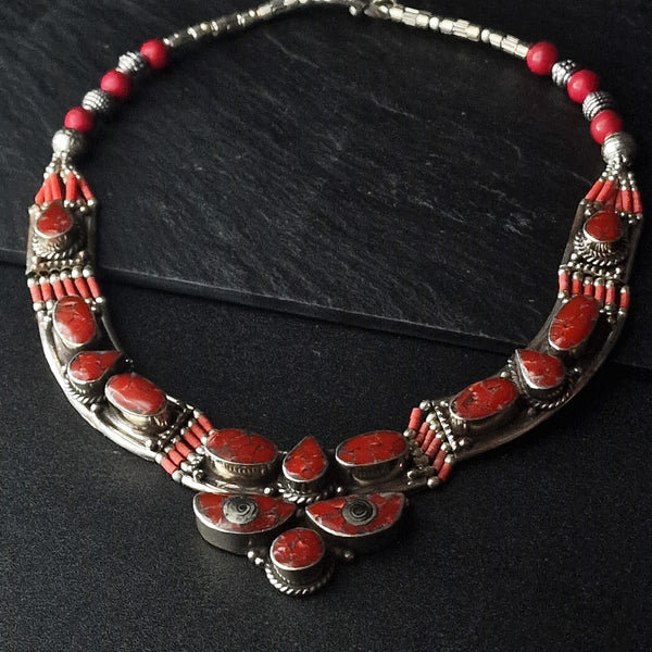Vibrant Red Coral Tibetan Silver Handmade Necklace - Baga Ethnik Living