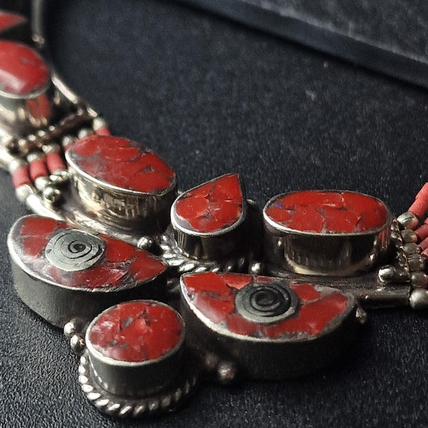 Vibrant Red Coral Tibetan Silver Handmade Necklace - Baga Ethnik Living