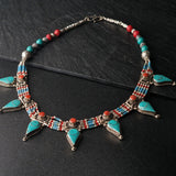 Intricate Tibetan Turquoise and Coral Handmade Silver Necklace - Baga Ethnik Living
