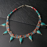 Intricate Tibetan Turquoise and Coral Handmade Silver Necklace - Baga Ethnik Living