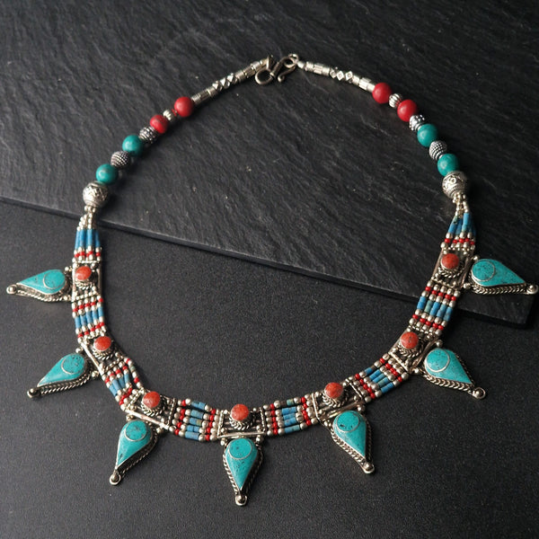 Intricate Tibetan Turquoise and Coral Handmade Silver Necklace - Baga Ethnik Living