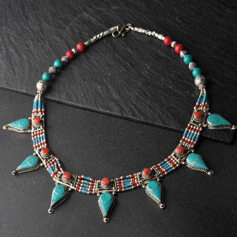 Intricate Tibetan Turquoise and Coral Handmade Silver Necklace - Baga Ethnik Living