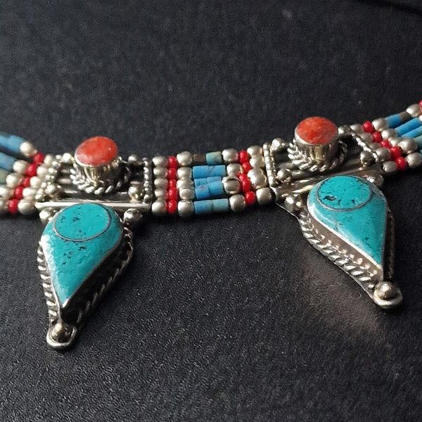 Intricate Tibetan Turquoise and Coral Handmade Silver Necklace