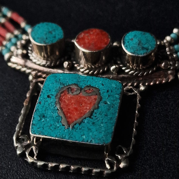 Beautiful Turquoise Coral Heart Tibetan Silver Necklace