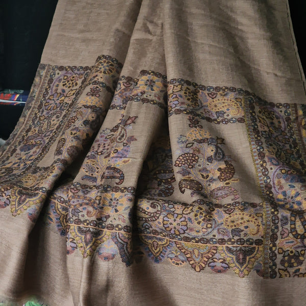 Authentic Luxury Soft Kashmir Border Kani Weave Pashminas - Desert Azure