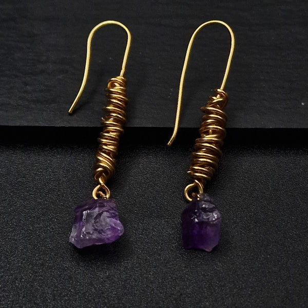 Handmade Raw Amethyst Brass Wire Wrapped Hook Earrings