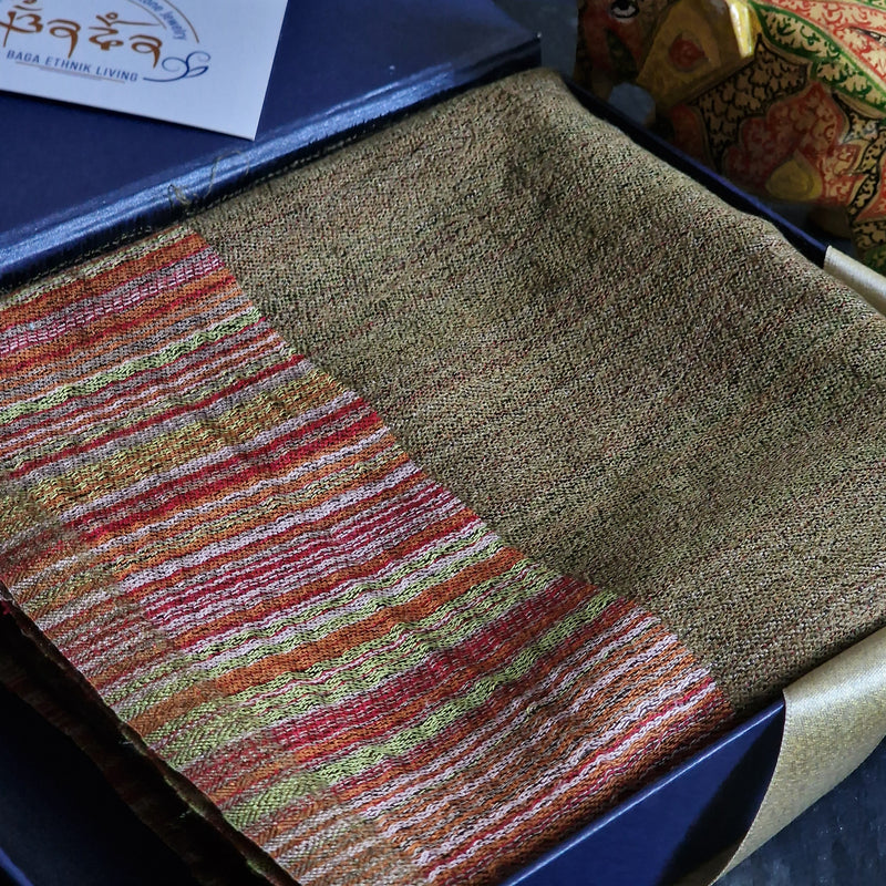 Warm Striped Kashmiri Pashmina Dark Green Scarf - Juniper Green