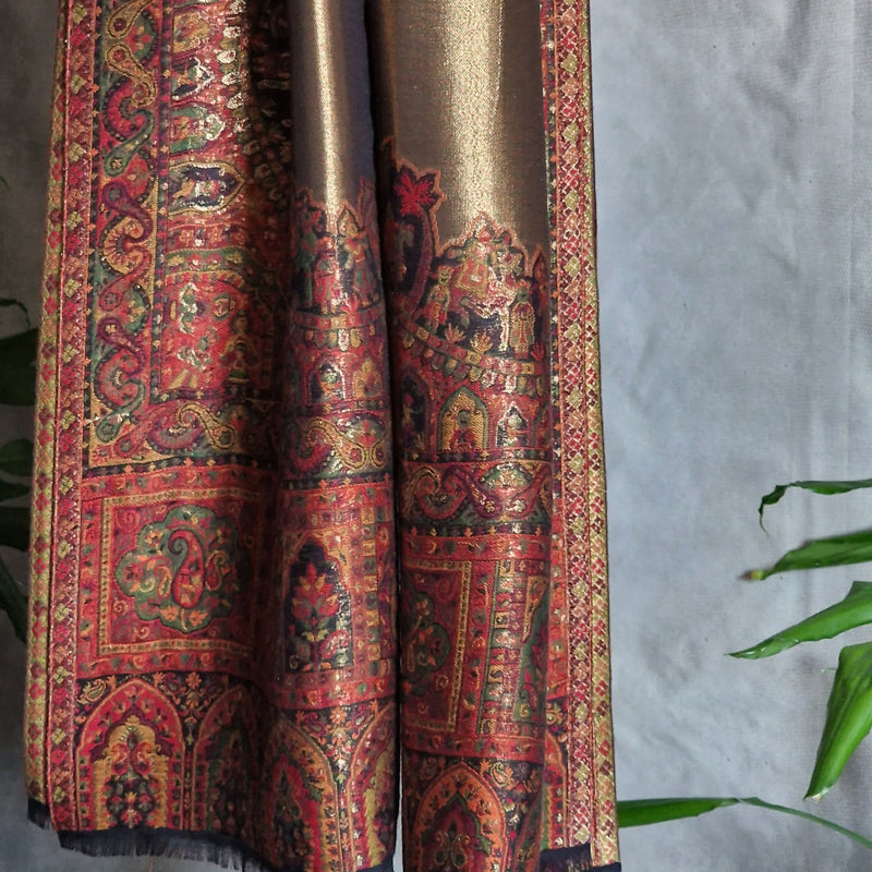 Moonlight Pashmina – Gold-Red Two-Tone Darbar Kani Shawl