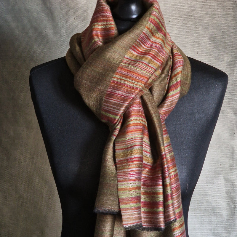 Warm Striped Kashmiri Pashmina Dark Green Scarf - Juniper Green