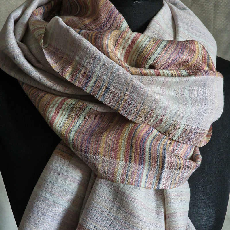 Soft Multi-Coloured Grey Striped Pashmina Kashmiri Scarf - Pale Autumn