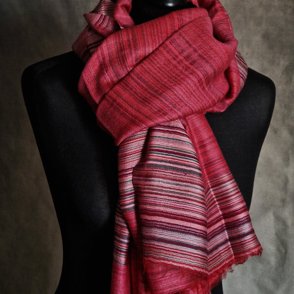 Ultra-Soft Red Kashmiri Pashmina Striped Scarf - Cranberry