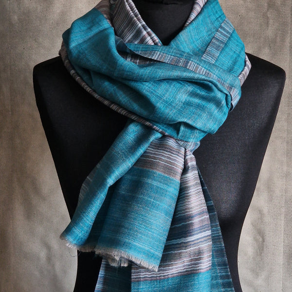 Authentic Soft Kashmir Blue Striped Pashmina Scarf - Fresh Aqua