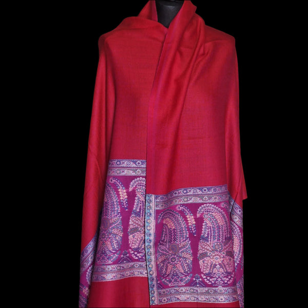 Authentic Luxury Soft Kashmir Border Red Kani Weave Pashminas - Berries Red