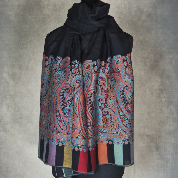 Vibrant Finest Quality Border Kani Weave Pashmina – Obsidian Dahlia