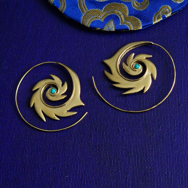 Handmade Brass Spiral Stone Hoop Earrings