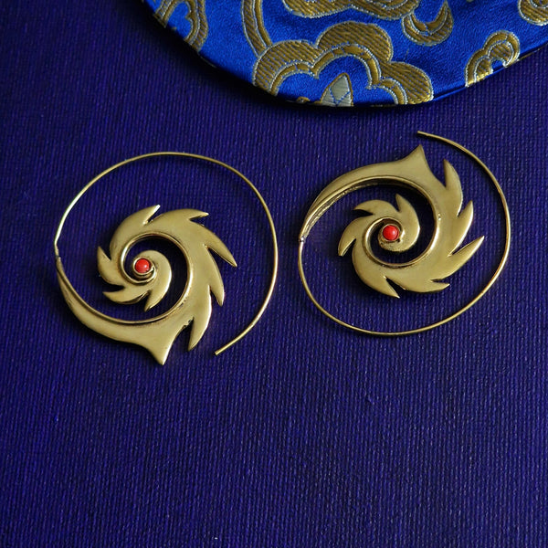 Handmade Brass Spiral Stone Hoop Earrings