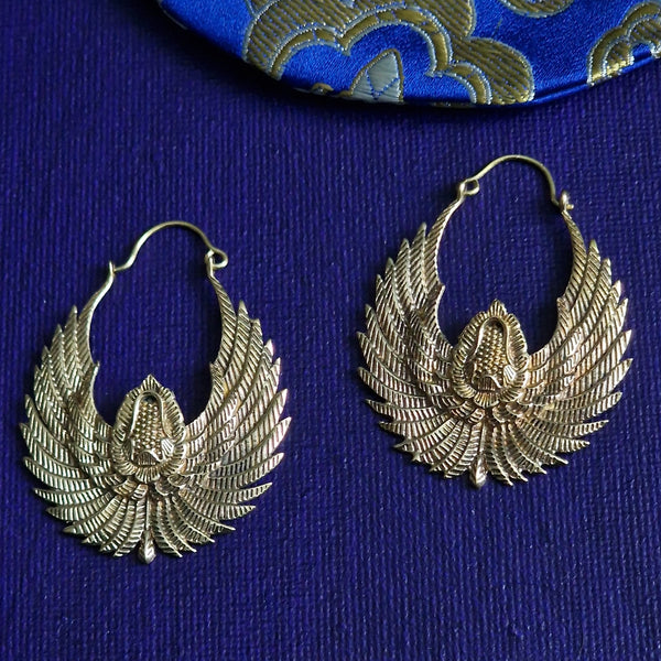 Brass Hoop Earrings Wing Design