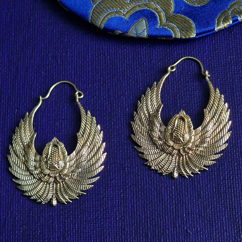 Brass Hoop Earrings Wing Design