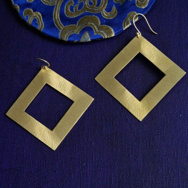 Handcrafted Square Design Brass Gold Plated Hook Earrings