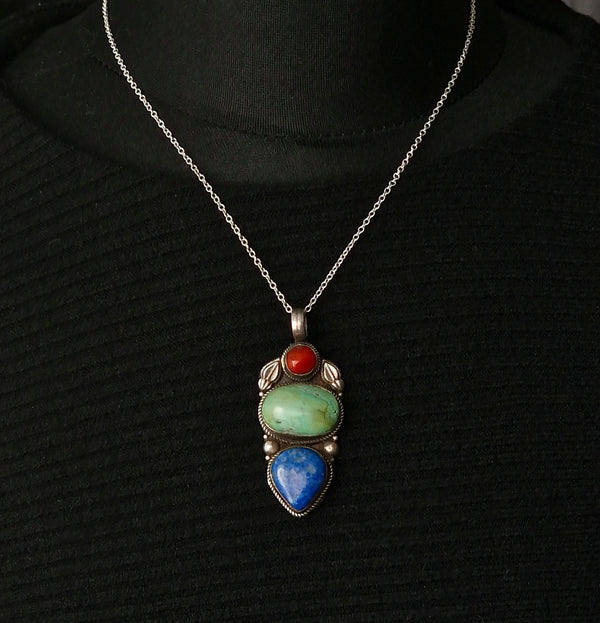Vintage Collection Turquoise, Coral and Lapis Sterling Silver Pendant