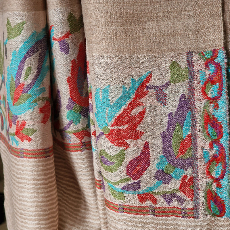 Border Kani Pashmina Wool Scarf Stole Wrap – Light Beige - Baga Ethnik Living Default Title Shawl
