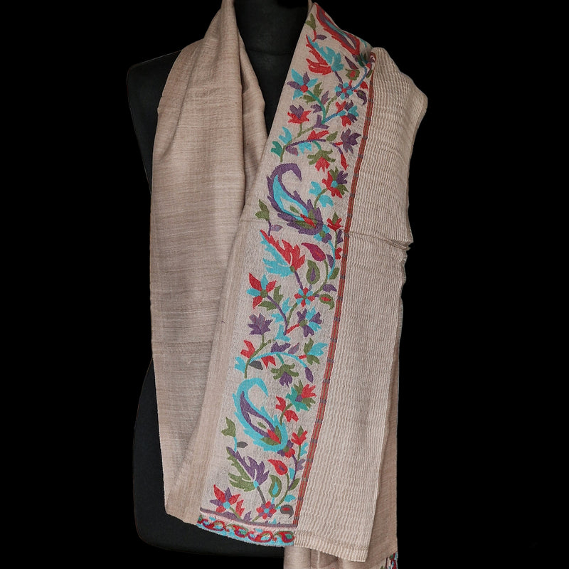 Border Kani Pashmina Wool Scarf Stole Wrap – Light Beige - Baga Ethnik Living Default Title Shawl