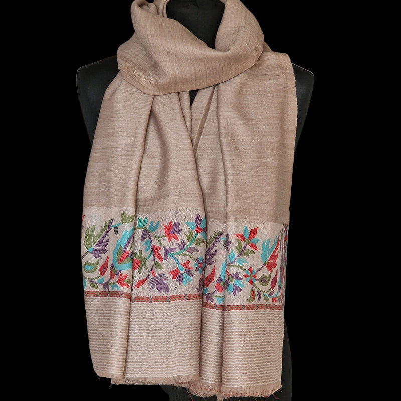 Border Kani Pashmina Wool Scarf Stole Wrap – Light Beige - Baga Ethnik Living Default Title Shawl