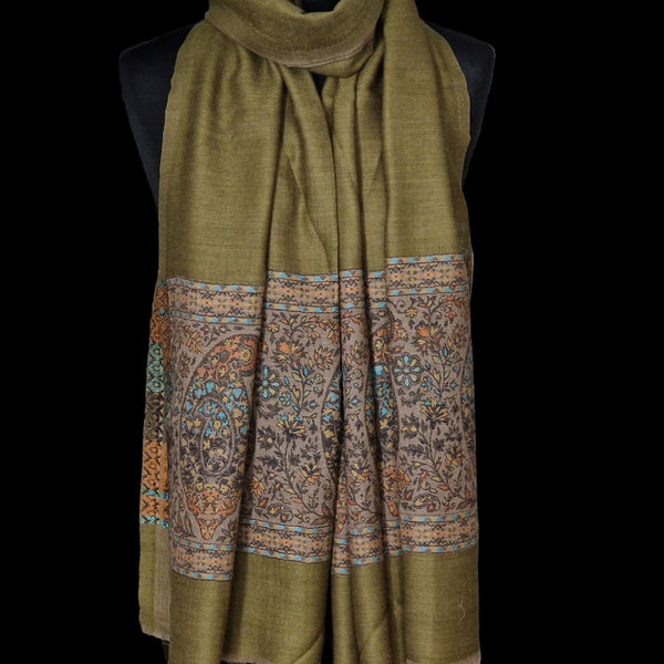Authentic Soft Kashmir Border Kani Weave Pashminas - Pinewood Green