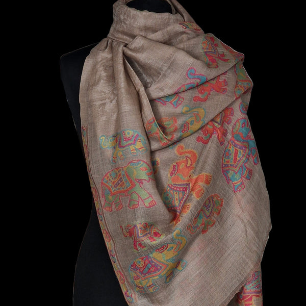 Luxury Cashmere Elephant Design Kani Brown Pashmina Shawl - Rustic Umber