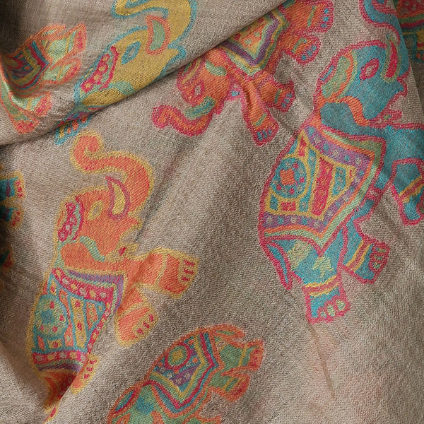 Luxury Cashmere Elephant Design Kani Brown Pashmina Shawl - Rustic Umber
