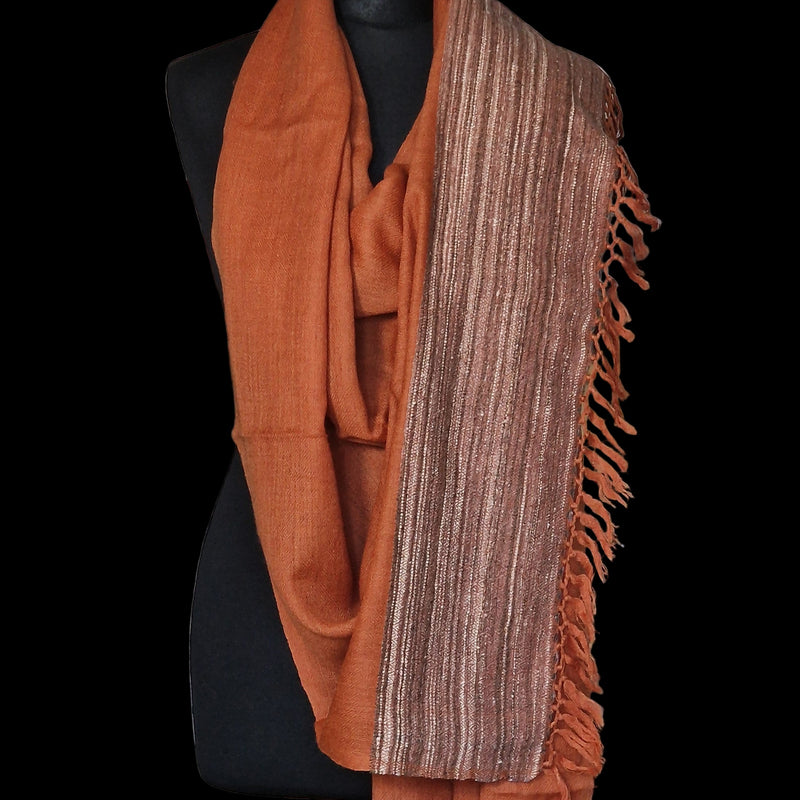 Yak Wool Shawl – Handspun Fine Wool, Brown Raw Borders - Orange - Baga Ethnik Living Default Title Shawl