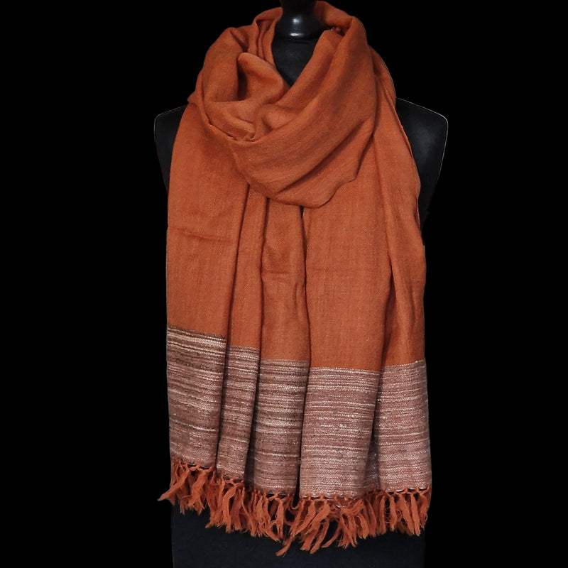 Yak Wool Shawl – Handspun Fine Wool, Brown Raw Borders - Orange - Baga Ethnik Living Default Title Shawl