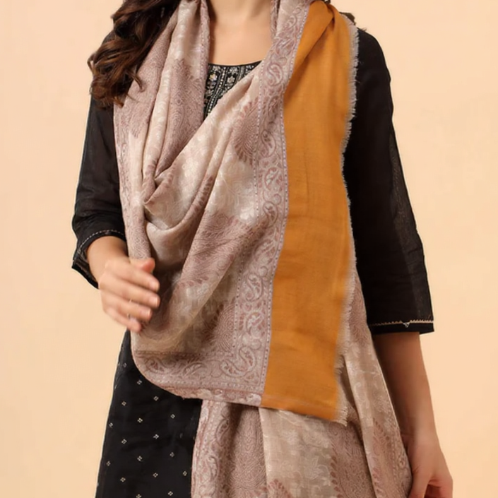Floral Buti Pure Pashmina Kani Stole – Pale Beige