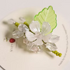 A delicate floral hair accessory with white translucent flower petals, a light green leaf, and small green beads, displayed on a round white backing card against a light gray background.