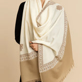 100% Pure Wool Border Weave Shawl – Soft, Warm & Elegant - Ivory