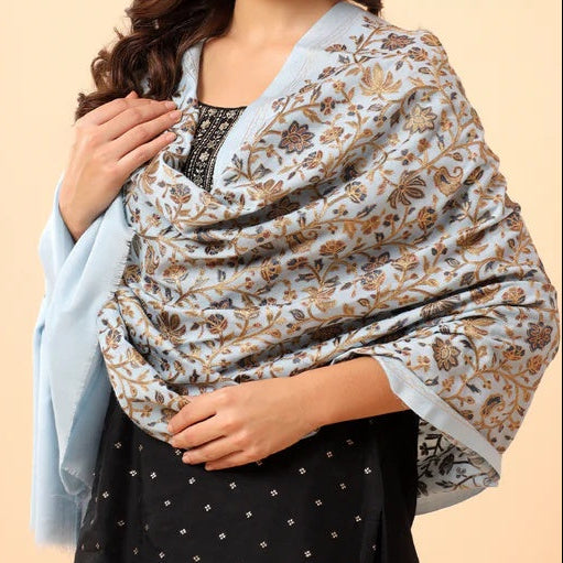 Pure Pashmina Gold Floral Design Nalki Embroidery Stole – Mist Blue