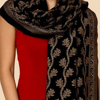 Black Pure Wool Stole – Silver Zari Woven Style